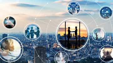 A flyer which shows buildings and business meetings 