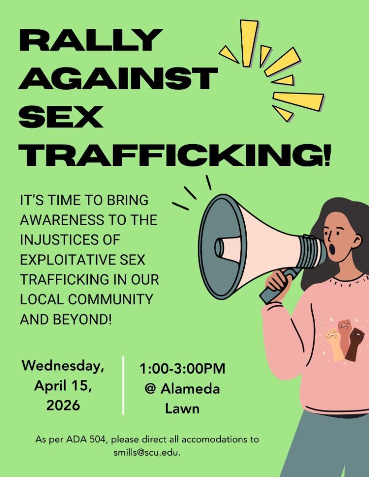 Person shouting into a megaphone and details explaining an upcoming rally against sex trafficking