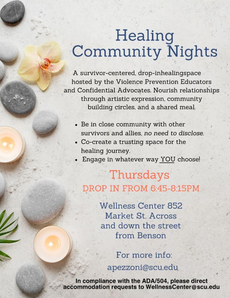 Rocks on sand with a candle and flowers that explains details for Healing Community Nights