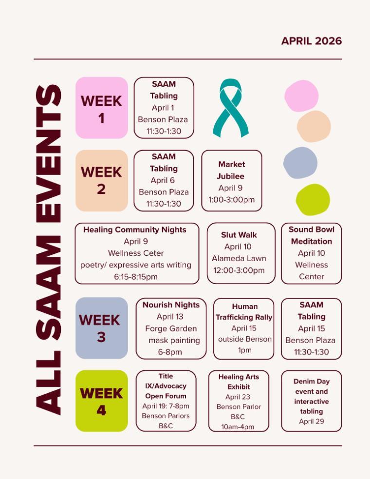 Calendar of events for Sexual Assault Awareness Month