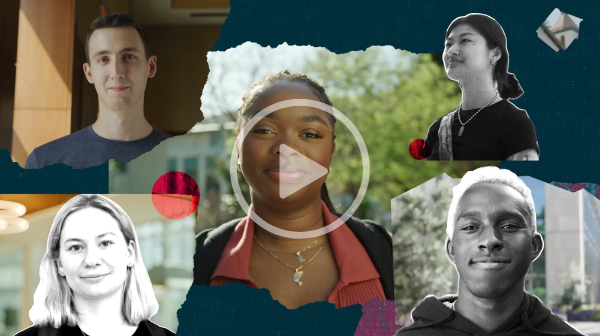 Five students on different parts of campus looking at the camera