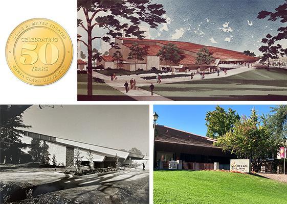 Collage of Mayer Theatre architect's illustration and Mayer then and now