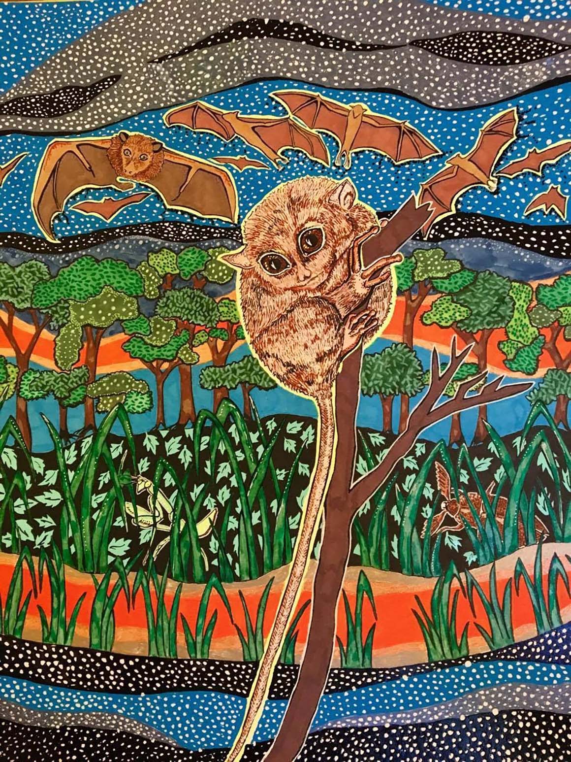 Philippine tarsier (Carlito syrichta), a nocturnal primate that forages on insects camouflaged in the leaves. Conservation status: Near Threatened.