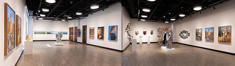 2 images looking either way down an art gallery with a student exhibition of multimedia work