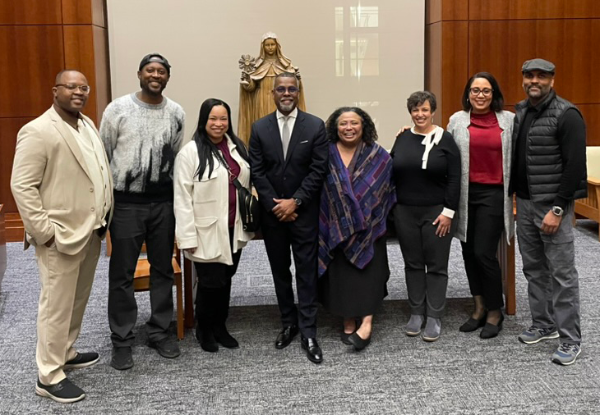 Harry Odamtten (History, Director, Black Justice Studies Collaborative), Bryson White (Religious Studies), Shá Duncan-Smith (Vice President, Inclusive Excellence Division), Eddie S. Gaude Jr., Margaret Russell (School of Law), Maggie Hunter (Sociology), Brett Solomon (Child Studies), Anthony Hazard (Ethnic Studies). Photo by: Cari Hall