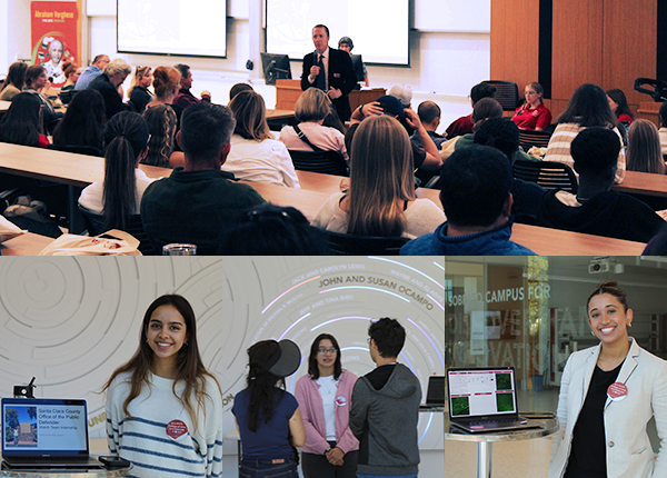 Top: Dean Daniel Press speaks to perspective student and their parents. Bottom: student presenters Shreya Murti, Lilliana Onofre and Sahej Kaur Sidhu