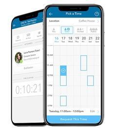 Alt text: Two smartphones displaying the Penji app screens with a calendar and profile.