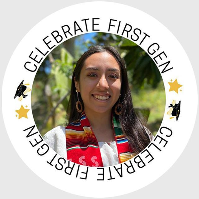 A person with a graduation stole, framed by 