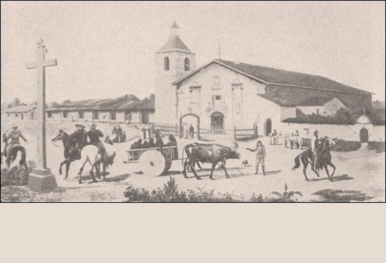 Sepia-toned historical scene with people, horses, and buildings.