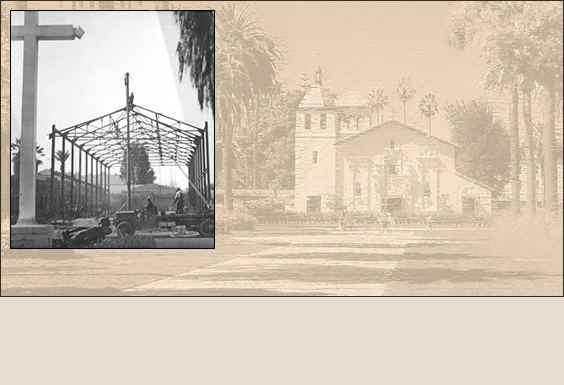 Image of a mission reconstructed in 1927, with inset showing an entrance gate.