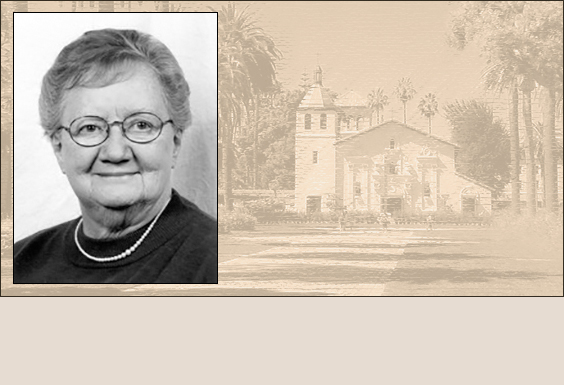 Woman with glasses and a historical building in a sepia background.