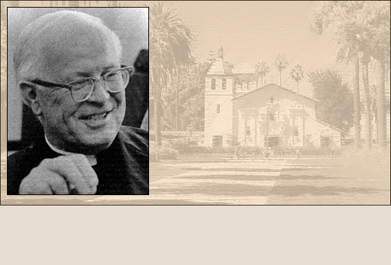 A grayscale image of a smiling person and an old building.