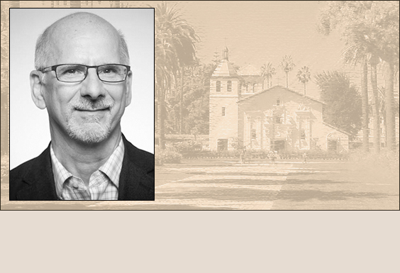 Man in suit and glasses beside a historic building illustration.
