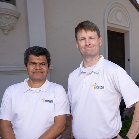 Luis López Alfaro and Joe Albers outside the front of Mission Santa Clara