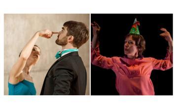Two people celebrating, one drinking and wearing a tie, the other with a party hat. 