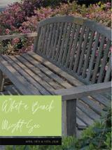 Gray wooden bench surrounded by foliage with the text 