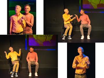 Collage of 2 men in bright shirts performing in a black box theatre with a projected map backdrop