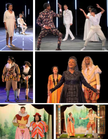 Collage of 6 A Winter's Tale costume renderings and in performance at California Shakespeare, 2021