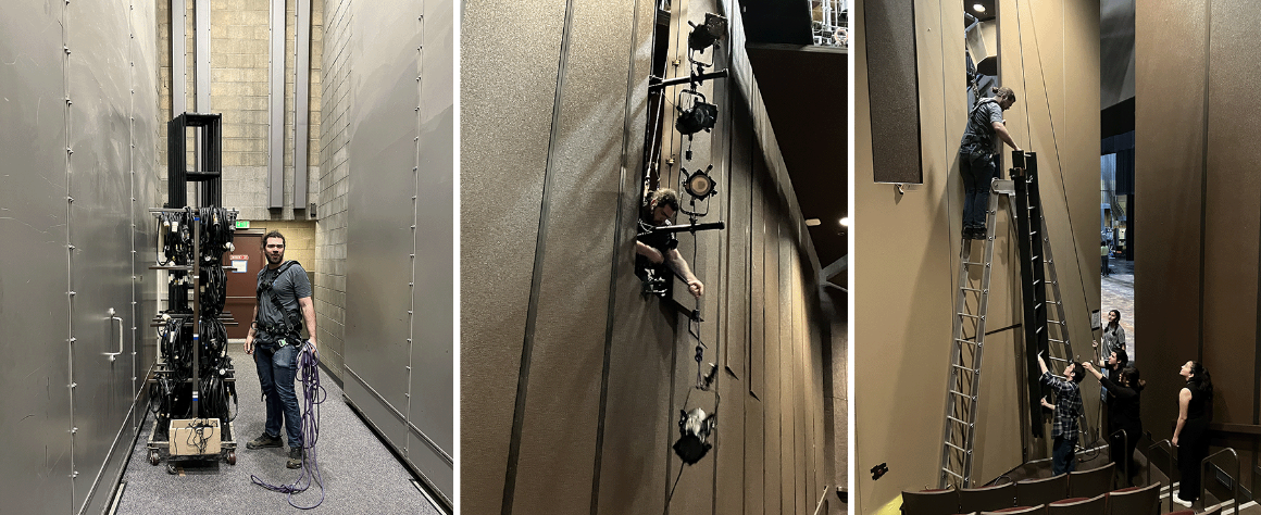 Collage of Steven Fetter working on juliet lighting with students