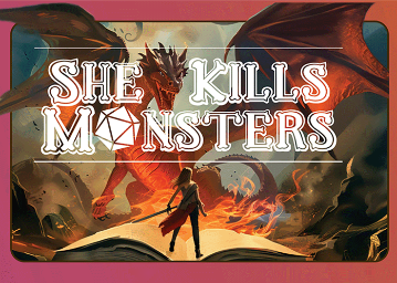 A girl standing back to us on an open book with a menacing dragon with open wings facing her