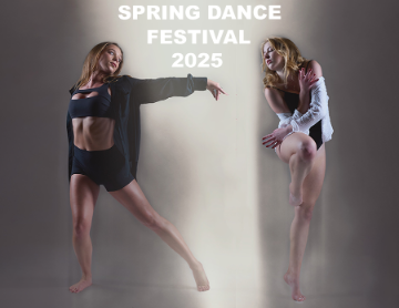 2 female dancers on a sepia background with a center spotlight shining down between them with white text Spring Dance Festival 2025