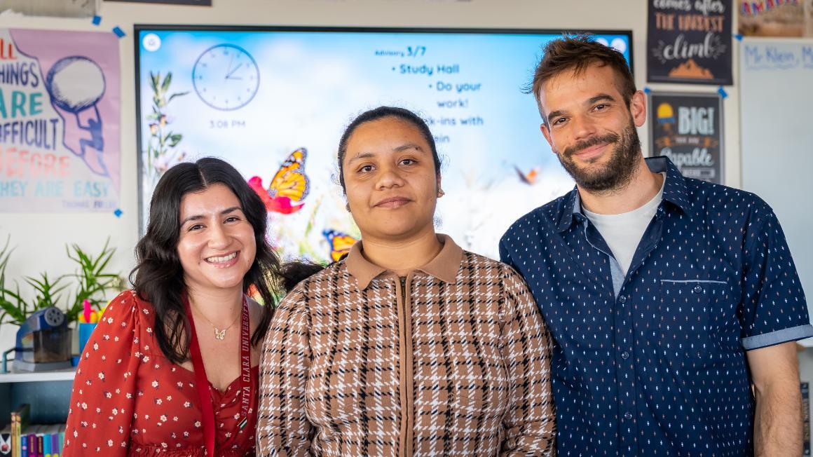 From Left to Right: EL Paraprofessional and ECP student Montserrat Viramontes, RCLA alum and SCU undergrad student Belen De Los Angeles Santos Santiago, and ELD teacher Brody Klein. image link to story