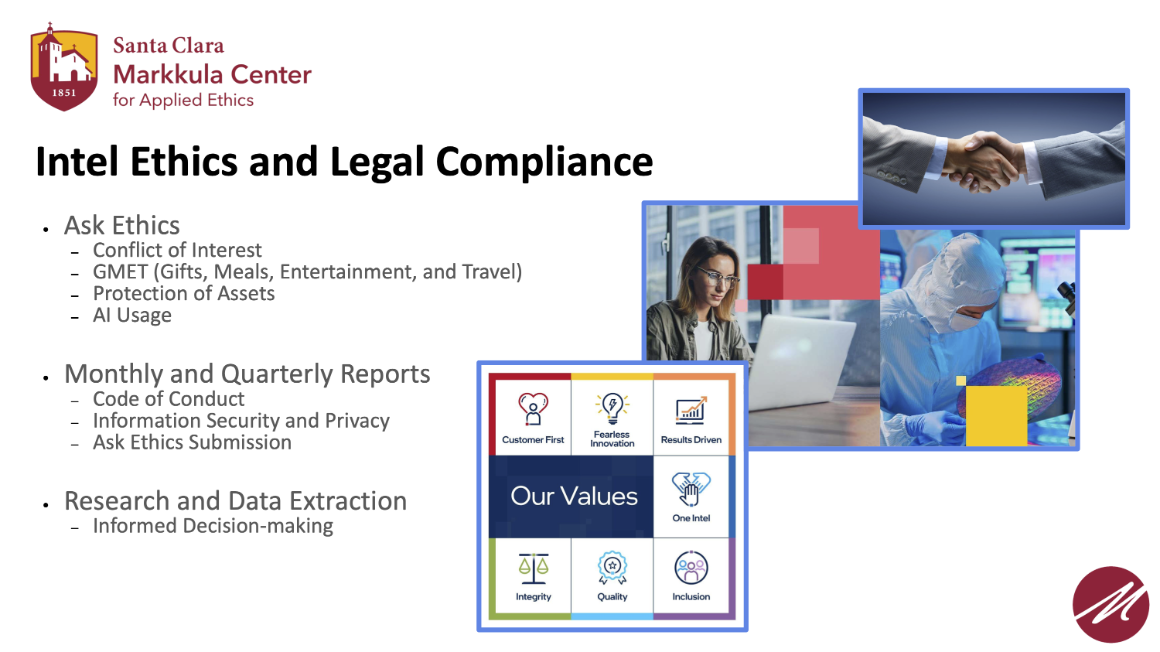 A slide explaining the aspects of the Intel Ethics and Legal Compliance Internship