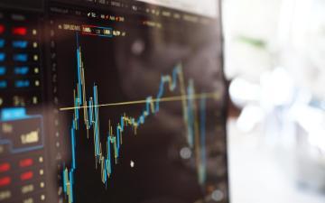 Computer screen displaying a financial graph showing financial gains and losses. 