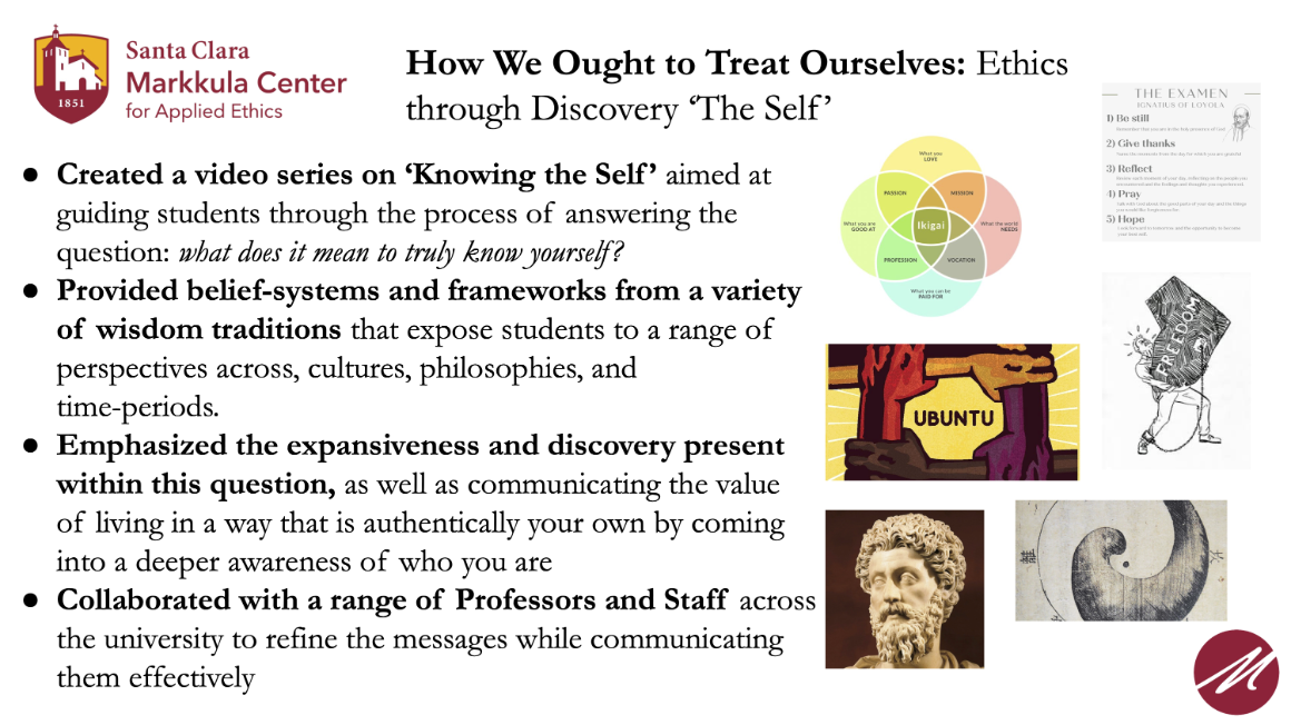 Slide describing the ethics of how we ought to treat ourselves, pulling from cross cultural and philosophical perspectives.