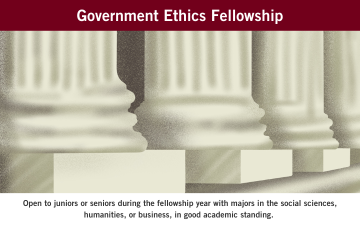 Government Ethics Fellowship open to rising juniors and seniors at Santa Clara University. White marble columns representing pillars of government building. 