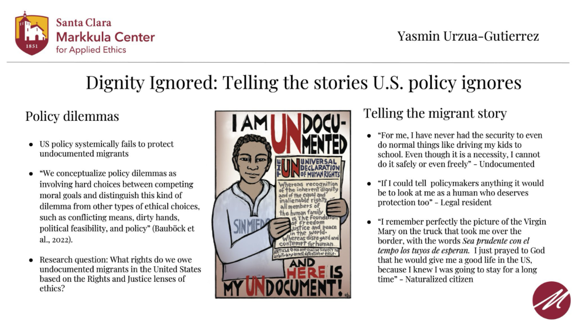 A slide outlining the stories of migrants and the ways in which U.S. policy fails to protect undocumented migrants.