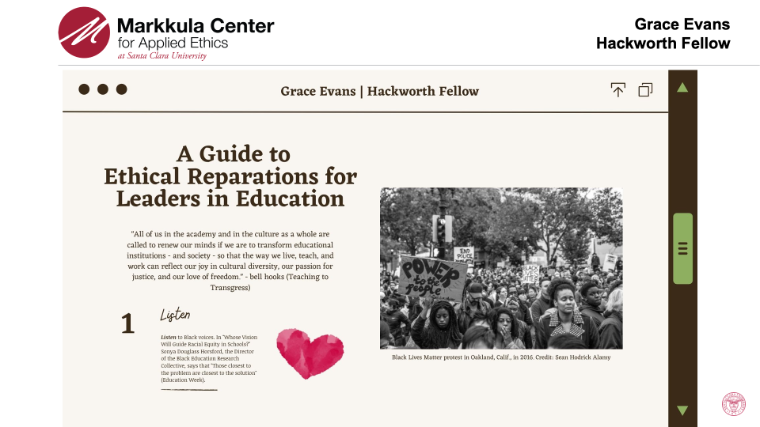 Grace Evans's slide showing her guide to ethical reparations for leaders in education. 