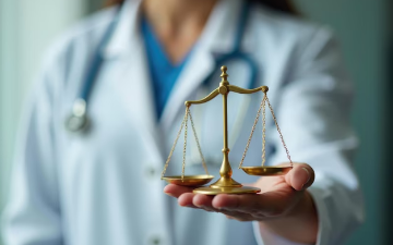 A health care professional holding the scale of justice, representing the ethical considerations in medical practice. Image by gabrielhrech/freepik.