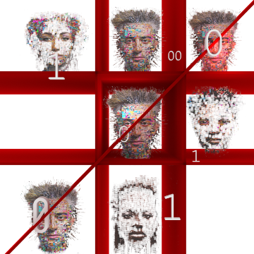 A tic-tac-toe board with human faces as digital blocks, symbolizing how AI works on pre-existing, biased online data for information processing and decision-making.