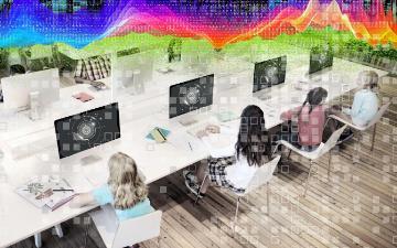 Students at computers with screens that include a representation of a retinal scanner with pixelation and binary data overlays and a brightly coloured datawave heatmap at the top.