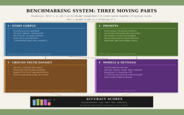 Benchmarking System: Three Moving Parts. Four boxes: 1. Story Corpus; 2. Prompts; 3. Ground Truth Dataset; 4 Models and Settings. Flexibility: parts 1, 2, and 4 can be changed independently to create custom snapshots of accuracy scores. Part 3 (ground truth) is a reflection of Part 1.