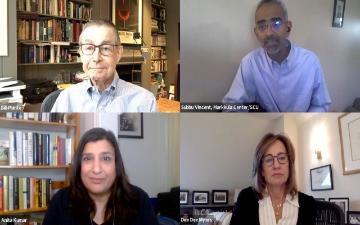 Bill Plante, Anita Kumar, Dee Dee Myers, and Subbu Vincent participate in a virtual webinar.
