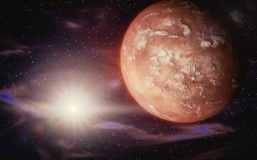 Planet in space surrounded by stars and the sun in the distance. 