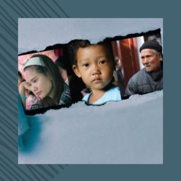 Three people's faces against a torn paper background with blue edges.