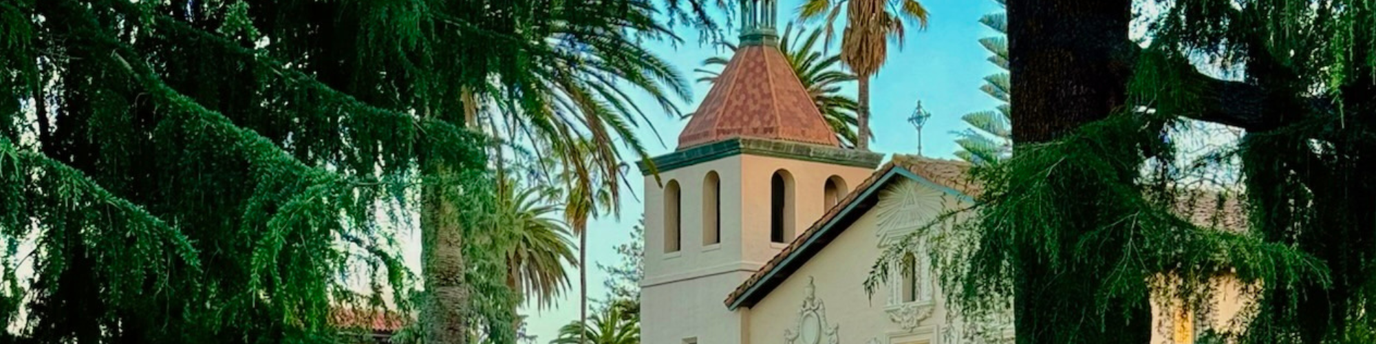 Mission Church through the trees 
