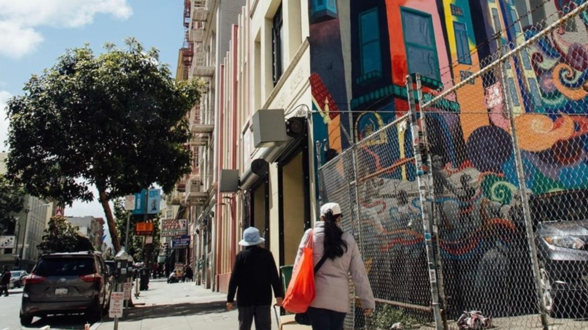 San Francisco Tenderloin banner and people walking 