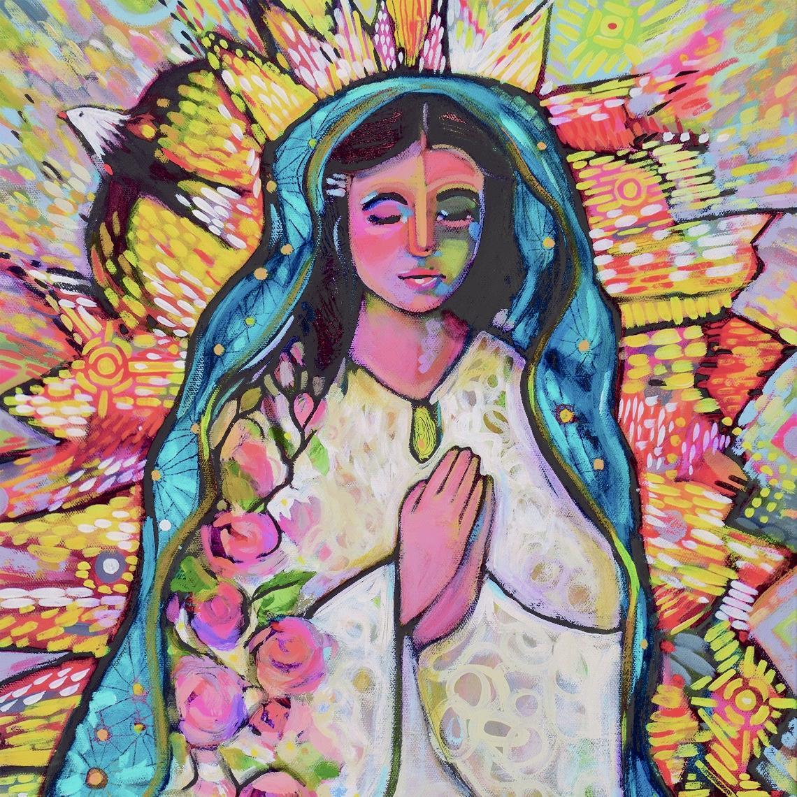 Painting of the Virgin of Guadalupe surrounded by a colorful background.