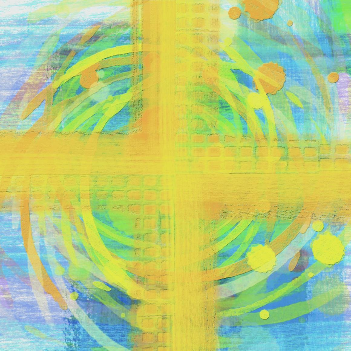 Abstract pattern with yellow cross, colorful concentric circles, and textured background.