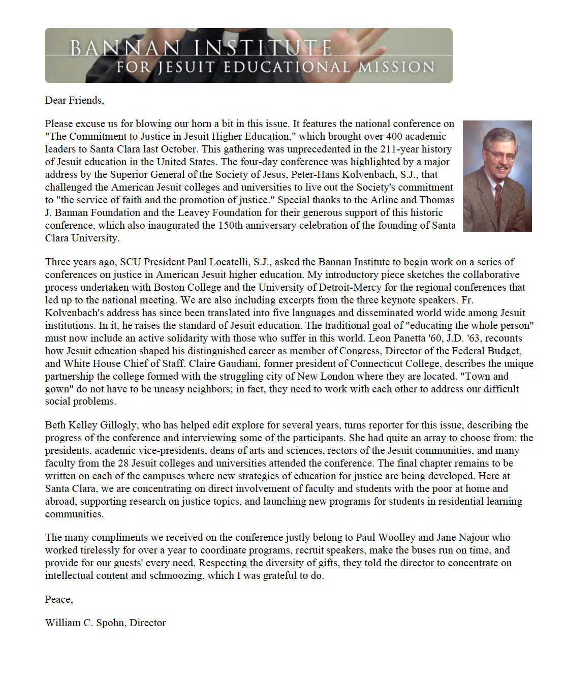 Alt text: Newsletter screenshot titled 'Spring 2001' with text and a small picture of a man.