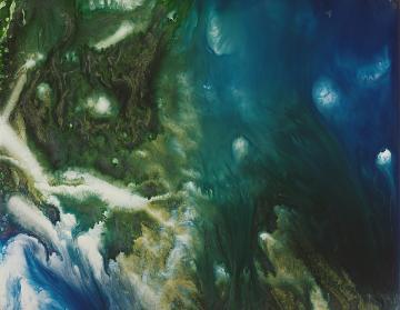 Abstract painting with green, blue, and white colors, titled 