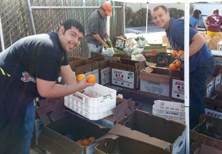 Two people sorting vegetables into white boxes outdoors.