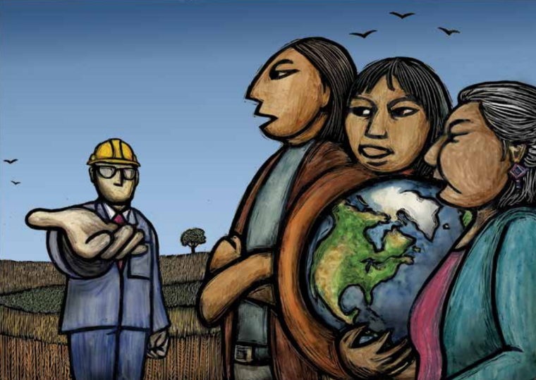 Illustration of people protecting Earth from a worker, with birds and tree in the background.