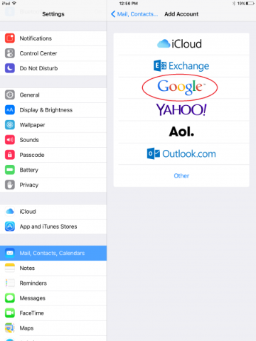 Settings menu on iPad showing Google selected as default search engine.