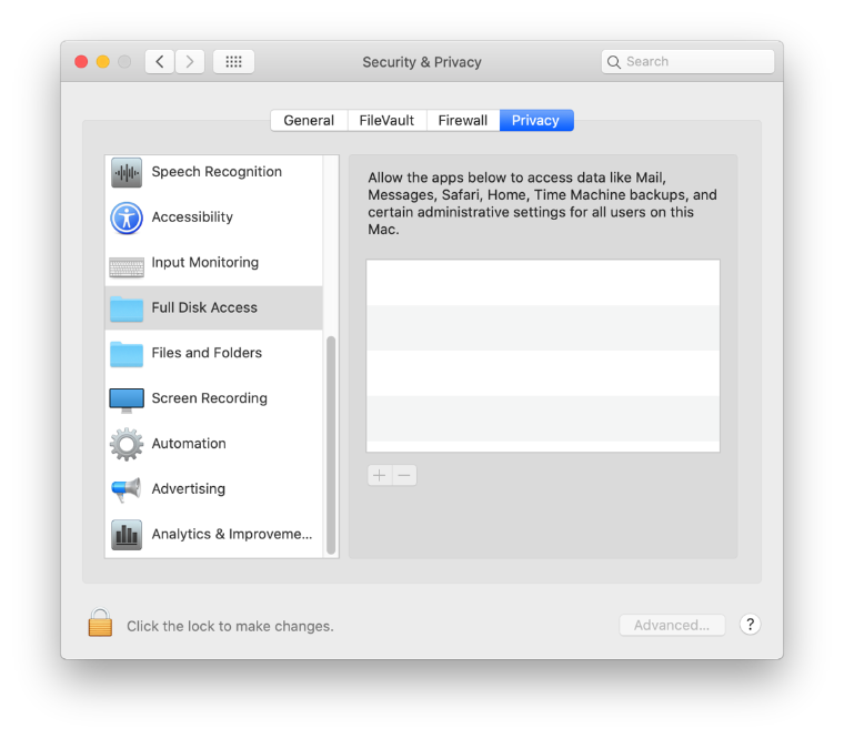 The macOS Security and Privacy system preference window with the