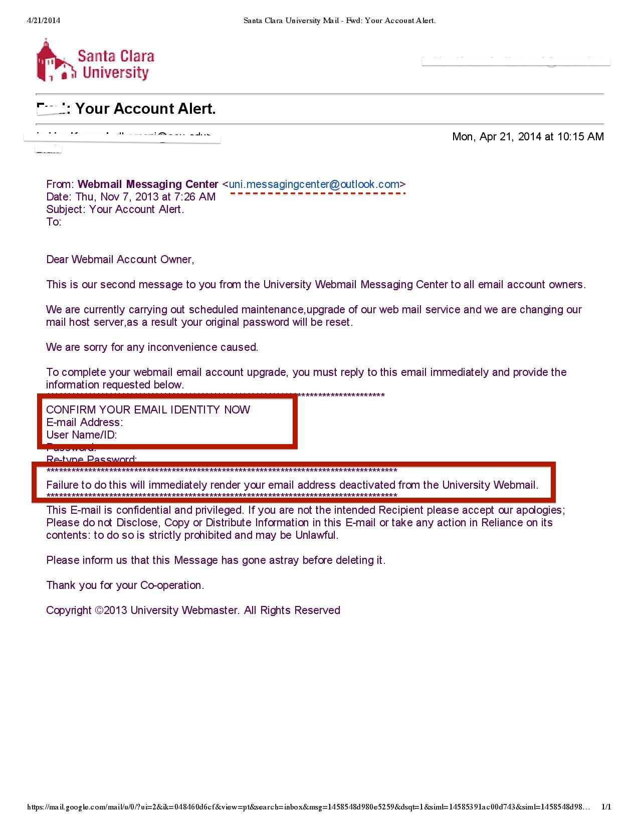 Phishing email sample with university letterhead and suspicious link highlighted.